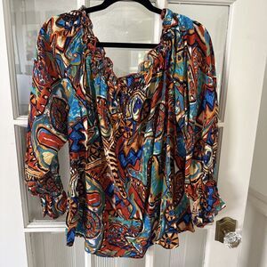 Off The Shoulder Print Shirt Womens XXL Flowy Long  Sleeve